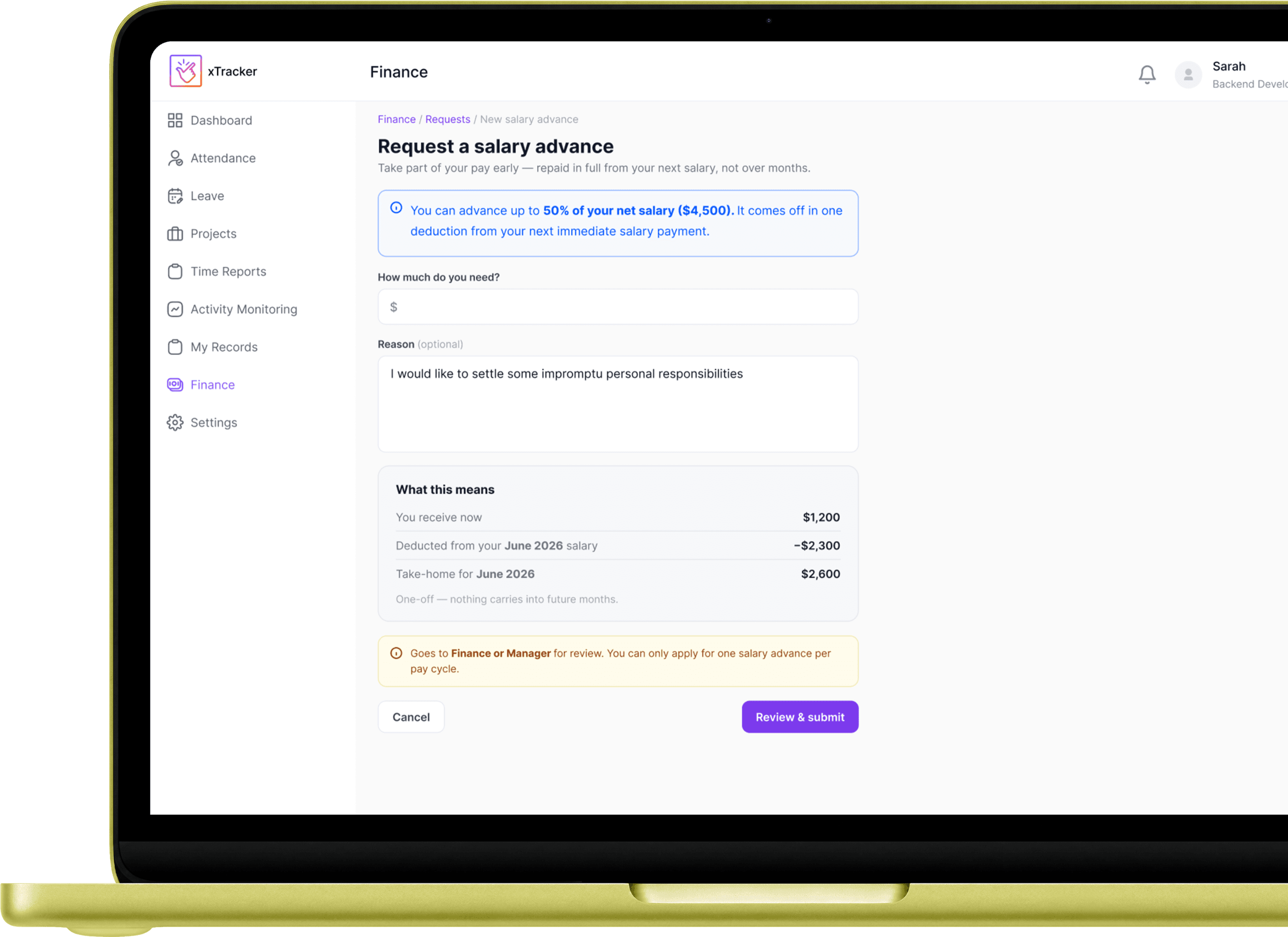 Laptop showing a salary advance request