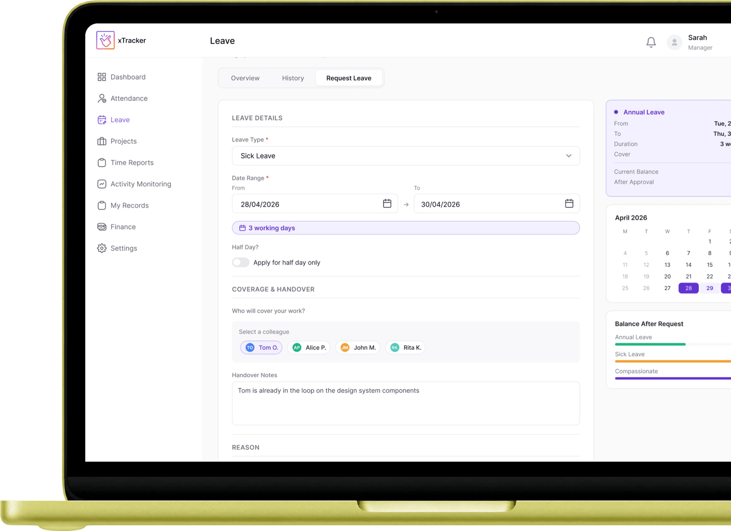 Laptop showing a leave request with the team calendar