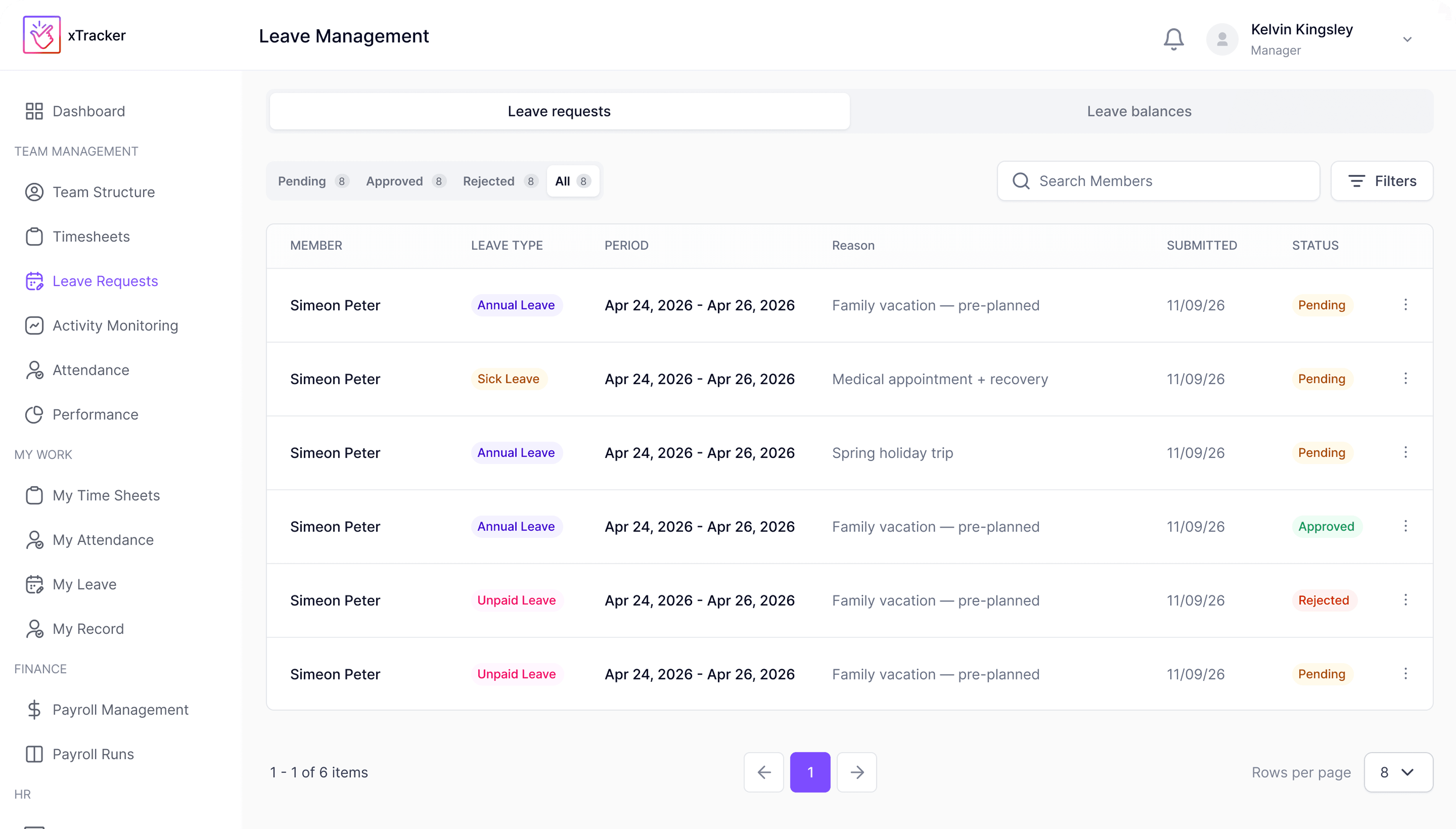 Leave management table with pending and approved requests